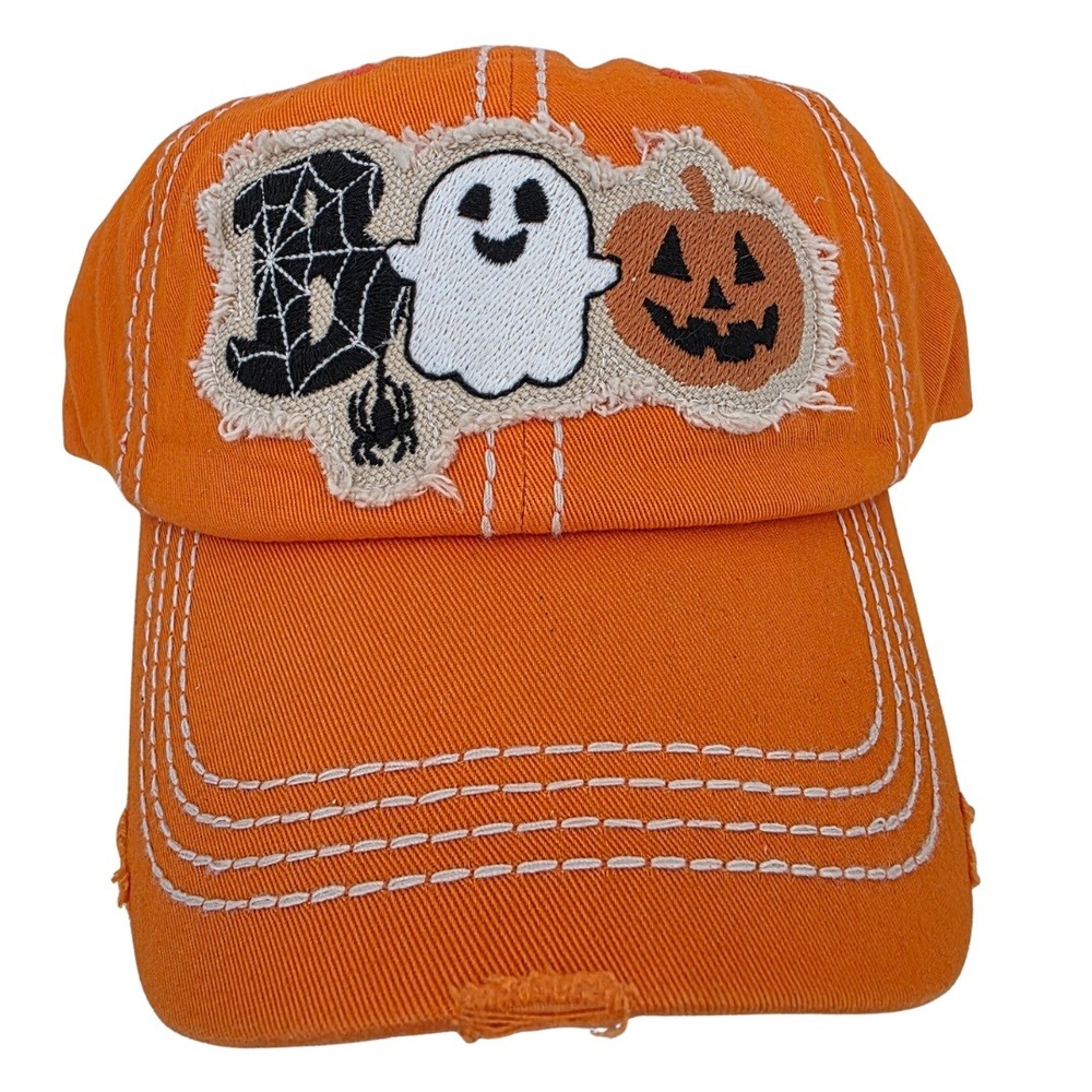 KBETHOS Halloween Hat Orange Distressed Baseball Cap Boo Ghost Pumpkin NWT